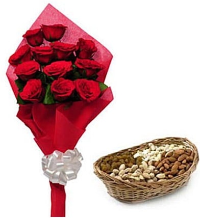 11 adet kırmızı gül ve sepette kuruyemiş  Hediye Çiçek online çiçekçi , çiçek siparişi 