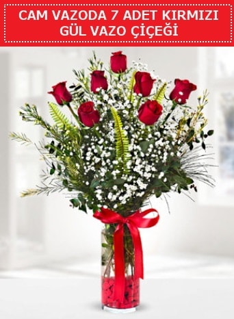 Cam vazoda 7 adet kırmızı gül çiçeği  Hediye Çiçek uluslararası çiçek gönderme 