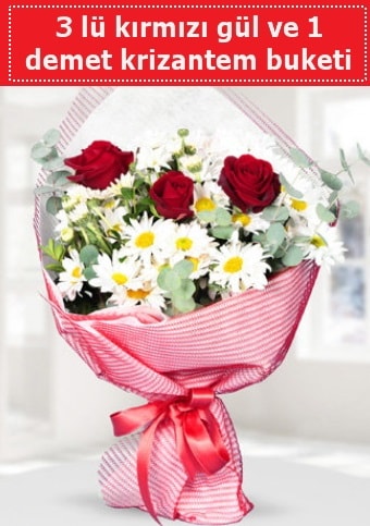 3 adet kırmızı gül ve krizantem buketi  Hediye Çiçek uluslararası çiçek gönderme 